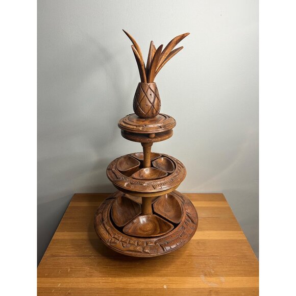 3 tired lazy Susan MCM mid century modern wooden hand carved money pod pineapple - Picture 1 of 9